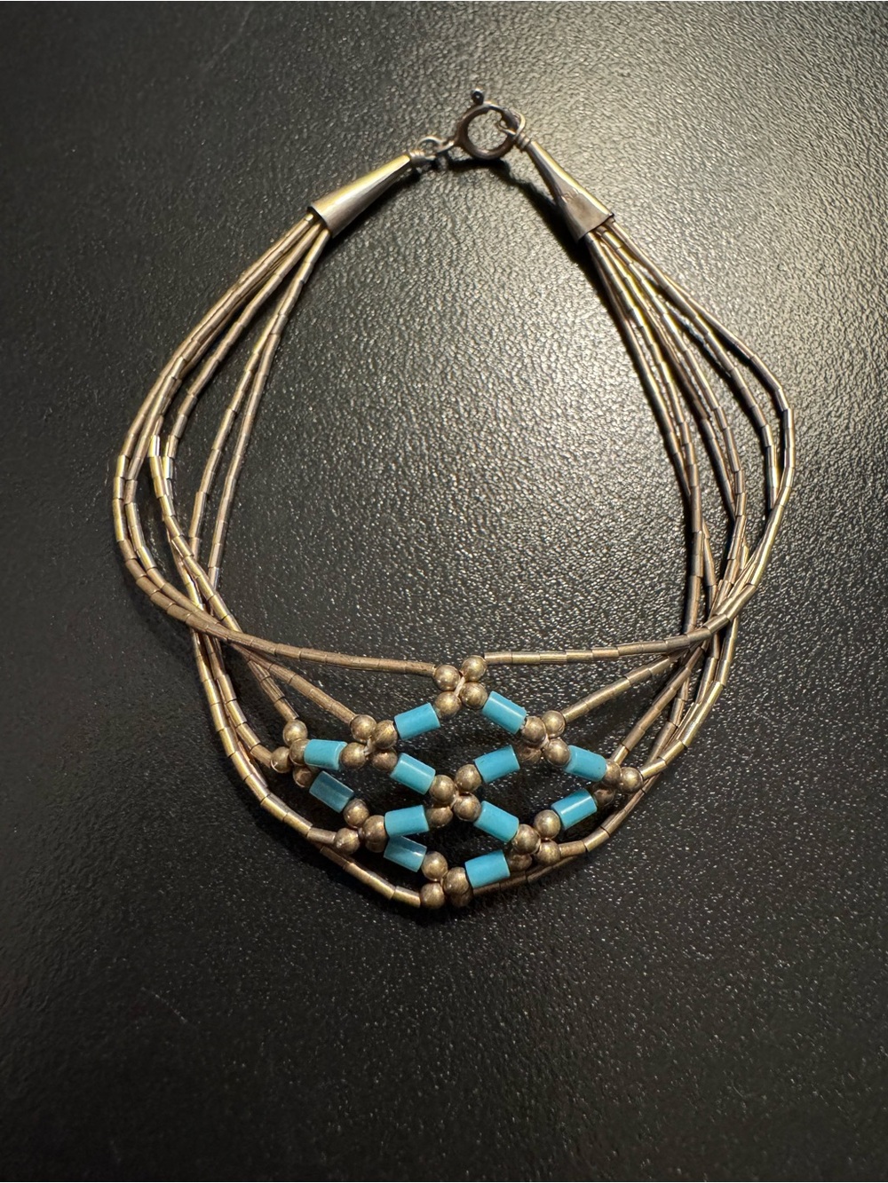 Sterling Silver Liquid Silver and Turquoise 6 Strand Woven Bracelet - 8”